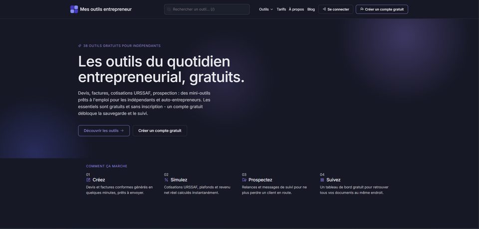 Aperçu de la page d'accueil du site mes-outils-entrepreneur.fr